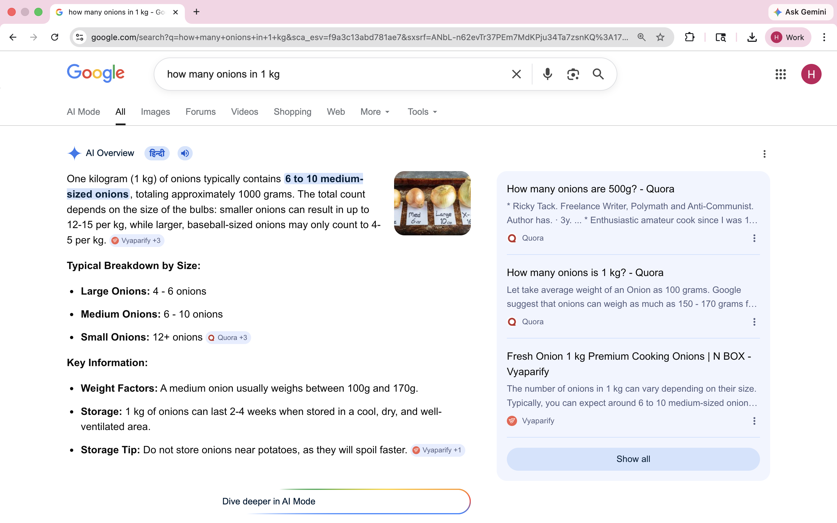 N BOX cited inside Google AI Overview for "how many onions in 1 kg"
