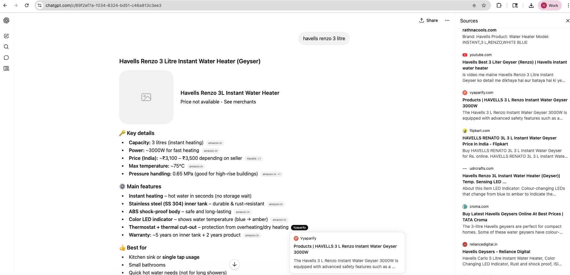 Viraj Enterprises cited in ChatGPT's sources panel for "havells renzo 3 litre"