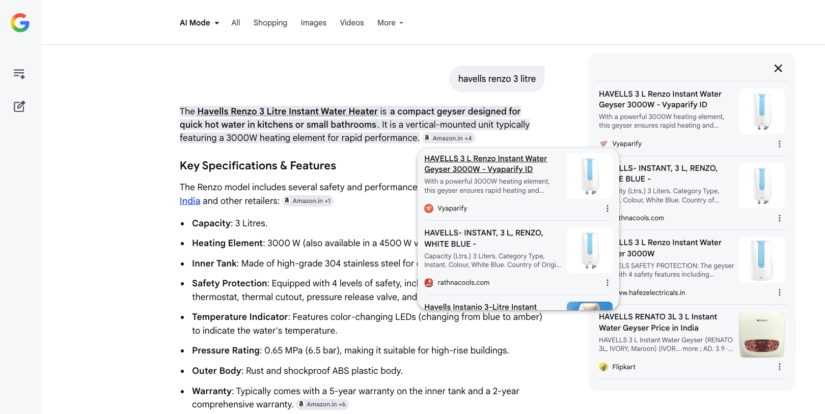 Viraj Enterprises cited at the top of Google AI Mode sources for "havells renzo 3 litre"