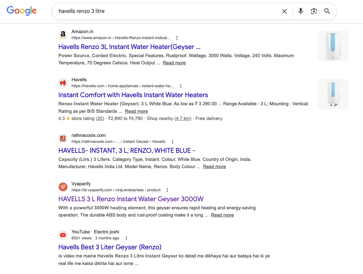 Viraj Enterprises ranks on Google Page 1 for "havells renzo 3 litre" alongside Amazon & Havells.com